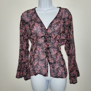 Vintage y2k DCC black pink semi-sheer floral  grunge witchy bell sleeve Med